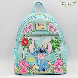 Loungefly Disney Lilo & Stitch Stitch With Ducks Blue Floral Mini Backpack Bag